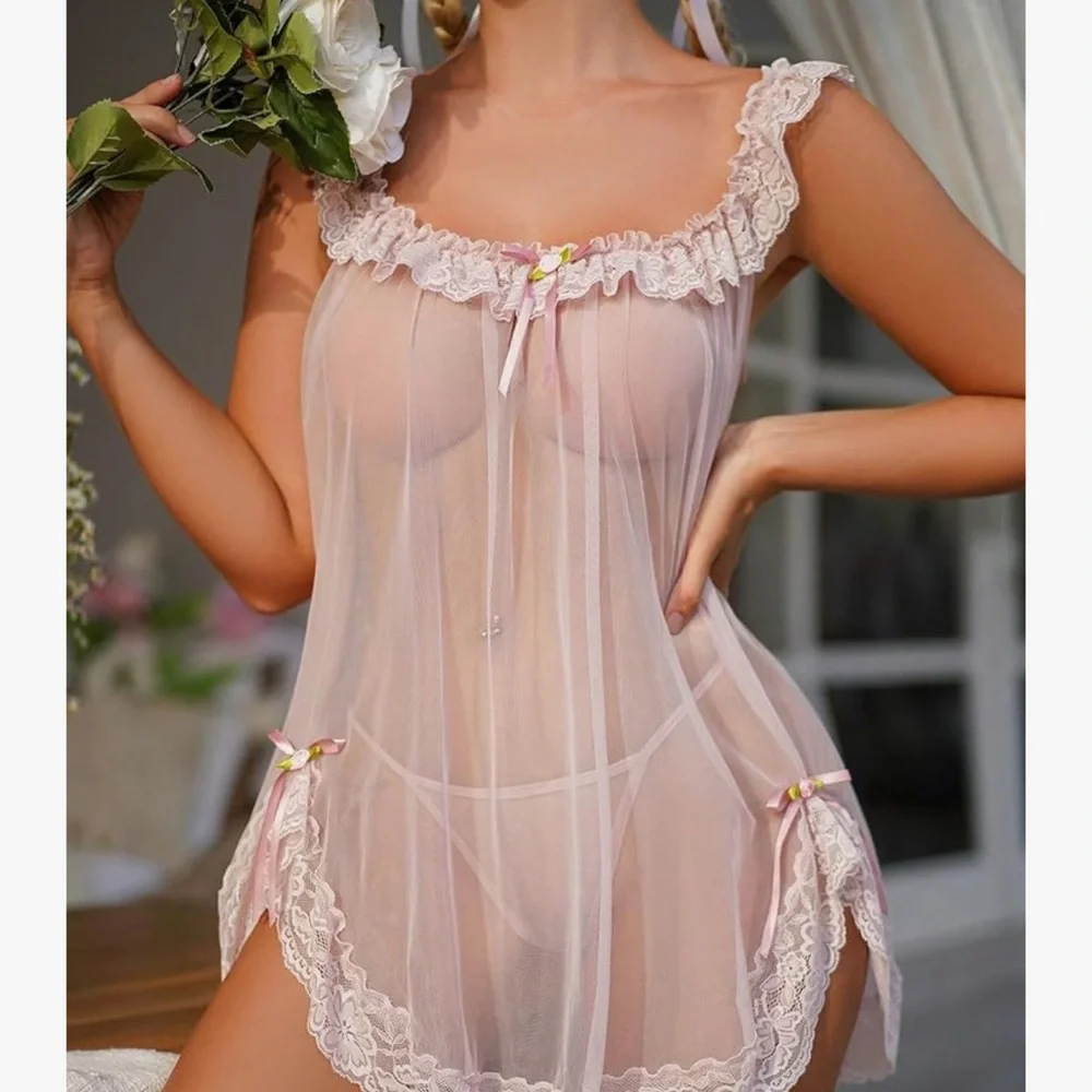 Ruffle mesh sheer lace babydoll lingerie top panty set milkmaid vintage coquette